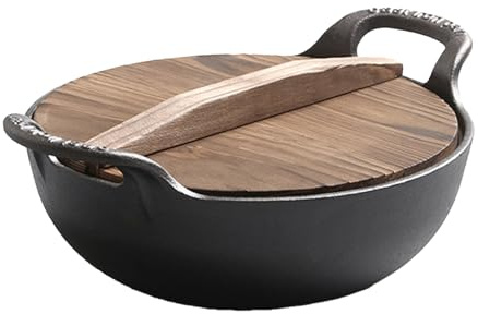 Fdit Wok en Fonte avec Couvercle en Bois, Poêle Chinoise Non Revêtue de 32 Cm pour Faire Sauter à Haute Température, Wok en Fer épais et Robuste avec Deux Poignées pour une Cuisson (32 cm / 12,6