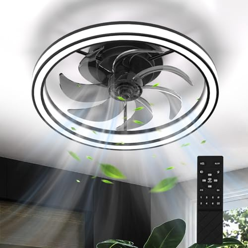 Mckalen Ventilador de Techo con Luz LED 48CM, Lámpara Ventilador Techo con Control Remoto, Motor Silencioso con 6 Velocidades Reversibles, Temporizador, Luz Ventilador Techo Dormitorio, Negro