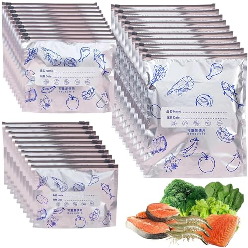 Touosy 30 Piezas Bolsas Congelacion con Cremallera, 3 Tamaños Aluminio Bolsas Congelar, Antifugas Reutilizables Bolsa Porta Alimentos para el Congelador y Almacenamiento de Alimentos