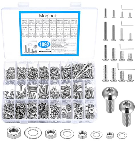 Moqinai 1092 Stück M3 M4 M5 M6 Schrauben Set,Edelstahl 304 Rundkopf Innensechskantschrauben, Schrauben Muttern Unterlegscheiben Sortiment, Gewindeschrauben Set