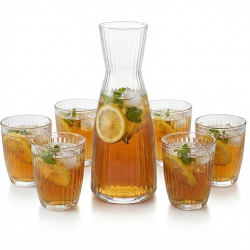 Set Caraffa e 6 Bicchieri in Vetro Star Glass Brocca per Acqua Cocktail Bevande bottiglia Design Scanalato e Tumbler Resistenza +30% e Massima Trasparenza Ideale Casa e Horeca MADE IN iTALY BO-RMIOLI