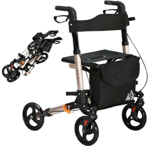 HOMCOM Déambulateur 4 Roues Pliable en Aluminium, Freins Doubles, Doré | Hauteur Réglable 6 Positions, Sac de Rangement, Accoudoirs Amovibles, Support pour Canne, pour Personnes Âgées, Léger