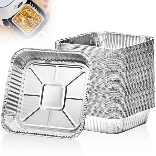 50 Pezzi Vaschette Alluminio Quadrate Usa e Getta da 8 Pollici, Vassoi di Stagnola Monouso, Accessori Teglie da Forno per Friggitrice ad Aria, Contenitori Alimenti per Cottura, Arrostire e Grigliate