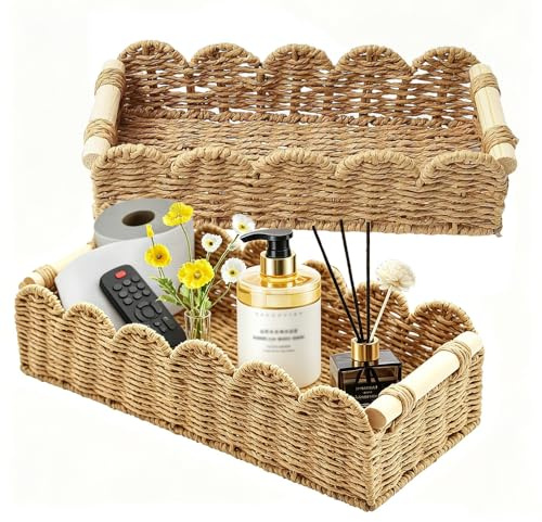 SKIKHN 2 Pièces Panier de Rangement, Paniers de Rangement, Corbeille Rangement Papier Toilette Tressé avec Poignées en Bois, Corbeille Osier pour Cuisine, Salle de Bain, Bureau, Salon (Naturel)
