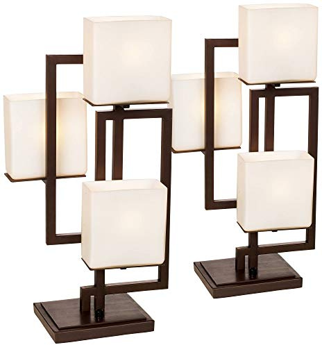 Possini Euro Design 24 High Geometric Small Modern Table Lamps Set of 2 Brown Roman Bronze Finish Metal Glass Shade Living Room Bedroom Bedside Nightstand House Office Home Reading Kitchen Entryway