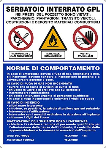 cartello alluminio cm 50x35 ATTENZIONE SERBATOIO INTERRATO GPL NORME DI COMPORTAMENTO