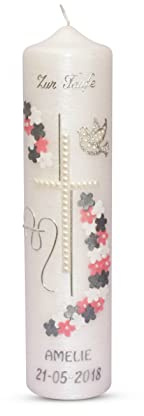 Blumen 7 Kerze 24x6 cm zur Taufe Konfirmation Kommunion Firmung = Taufkerze Konfirmationskerze Modern und klassisch Stumpe mit Namen und Datum für Mädchen Weiss Perlmutt/Perlmutt Struktur