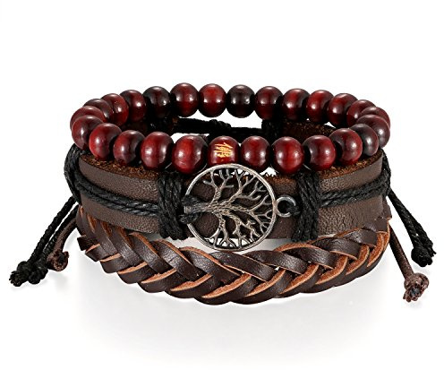 Flongo Lederarmband Leder-Armband, 3 Stück Armband Set Damenarmband Herrenarmband Leder Holz Surfer Wickeln Geflochten Kordelkette Baum des Lebens Armreif für Frauen Männer