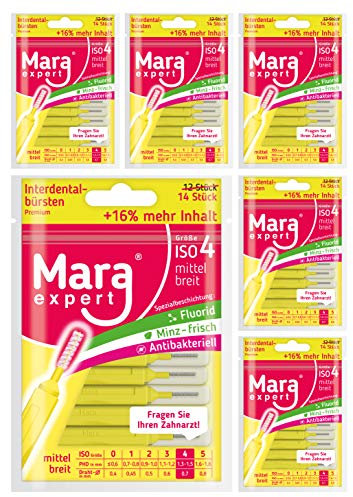Interdentalbürsten Gelb von MARA EXPERT | 0,7mm ISO 4 mittel breit | 6 x 14 (=84) Interdentalbürsten | Ideal für feste Zahnspange | Mit Fluorid, Chlorhexidin und Minzbeschichtung, Für frischen Atem