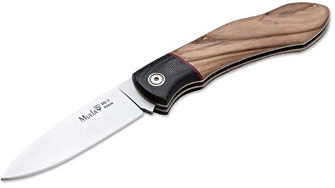 Muela Navaja GT-8M.OL hoja de acero ACX-380 de 8 cm y empuñadura de micarta negra con olivo para Caza, Pesca, Supervivencia y Bushcraft Realizado en Ciudad Real + Portabotellas de regalo