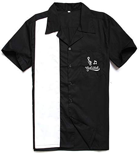 Anchor MSJ herrkläder 50-tal herrkläder bomull män skjortor kortärmad vintage femtiotalet bowling casual skjortor med knappar, Svart, 3XL
