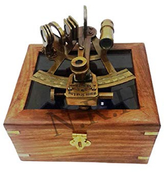 Nautisches antikes Messing, weiße Sternlinie, Titanic Sextant mit Glasbox aus Holz