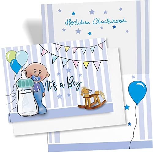 Karte zur Geburt Glückwunschkarte Junge - Baby Grusskarte als Geschenk Karten | Blau Glueckwunschkarte für Babyparty | Glueckwunsch Geburtskarte Babykarte - By derdesignshop