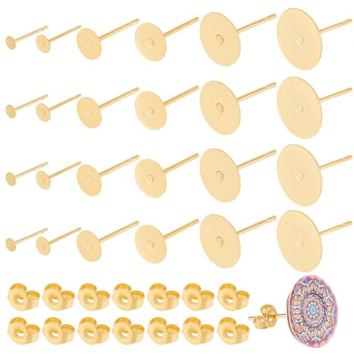 UNICRAFTALE 60 Sets DIY Ohrstecker 3/4/5/6/8/10mm Flache Runde Mit Ohrmuttern 0.8mm Pin Golden Flache Pad Rohlinge Edelstahl Ohrringe Zubehör Für DIY Herstellung