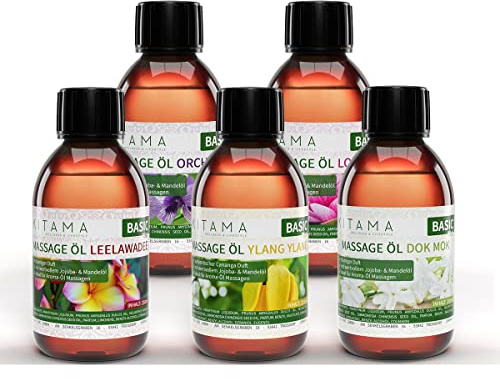 Kitama Massageöl Set Thai Aroma 5 x 250ml - made in Germany | Dok Mok, Leelawadee, Orchidee, Lotus & Ylang Ylang. Authentisches Thai Aromaöl für Körperpflege, Wellness, Spa Aromatherapie