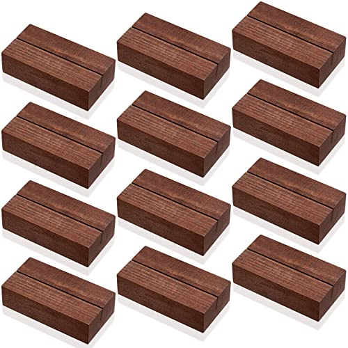 12 Pieces Wood Place Card Holders Wood Sign Table Number Stands Name Card Holder for Wedding Party Events Decoration(3 x 1.6 x 0.8 Inch,Walnut Color)