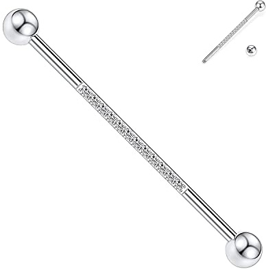 hengkaixuan Surgical Steel Industrial Piercing Jewellery 14G Industrial Barbell 38mm Long Scaffold Bar Industrial Bar with CZ Paved Cartilage Earring Helix Barbell for Women Men