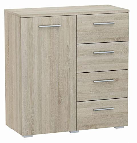 MATKAM Kommode Helena B80 x H84,5 x T35 cm, Sideboard mit 4 Schubladen und 1 Fächer mit Türen, ideal für Büro, Diele, Wohnzimmer, Jugend- oder Kinderzimmer (Sonoma Eiche)