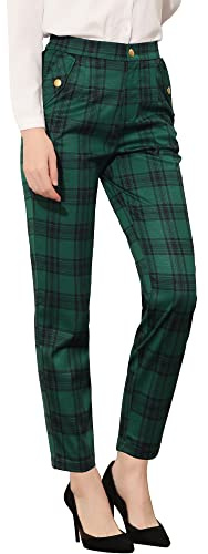 Allegra K Pantalon de travail droit vintage à carreaux tartan pour femme, Vert, L