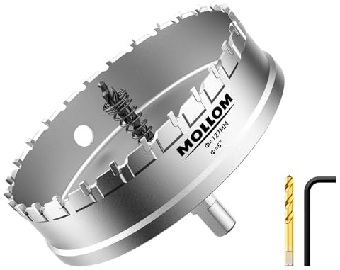 Mollom 5 (127mm) Scie à trou carbure 2 mèches pilotes incluses | Coupe-trous qualité industrielle pour acier inoxydable, acier doux, fer, cuivre, laiton, aluminium, plastique