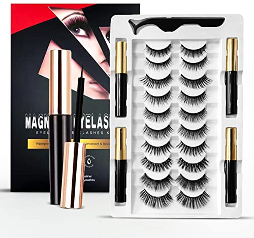 Magnetic Eyelashes, Magnetic Eyelashes Natural Look, 10 Pairs Reusable Eye Lashes 4 Tubes of Eyeliner with Tweezer