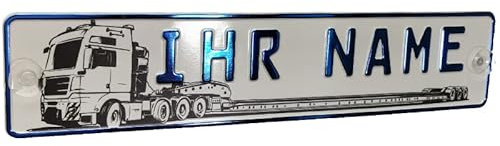 LKW Truck Fahrerschild Schild Namensschild mit Name oder Text Funschild Fun Schild Wunschtext AUTO Trucker Blau Metallic, Geburtstag Geschenk