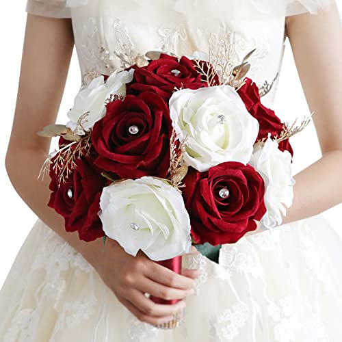URFEDA Brautstrauß Brautstrauss Hochzeit Hochzeitssträuße aus Kristallseide brautstrauß künstlich Rose Blumen Blumenstrauß künstlich Rosen weiße Hochzeit Blumen Brautjungfer Blumensträuße