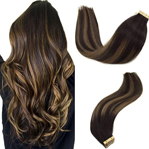 GOO GOO Tape Extensions Echthaar, 40cm 50g 20 Stk., #2/6/2 Balayage Braun | Dunkelbraun Gemischt Kastanienbraun, Remy Echthaar, Seidig Weich, Verfilzungsfrei, Unsichtbare, Langlebig, Alltag, Feiern