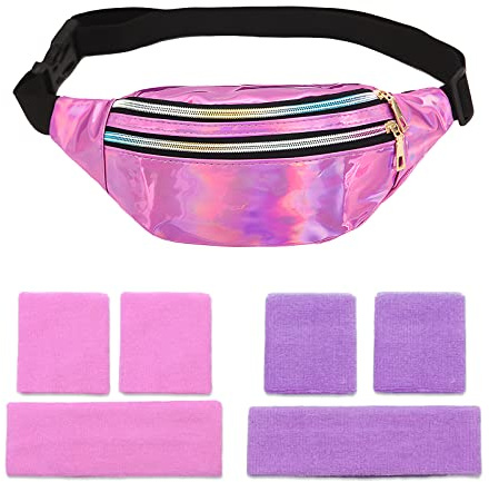 80er Jahre Bauchtasche Stirnband Neon, 80er 90er Jahre Outfit Damen Accessoires mit Armbänder und Stirnband Verstellbarer Hüfttasche Wasserdicht für Retro Party Thema Karneval (Hellviolett)