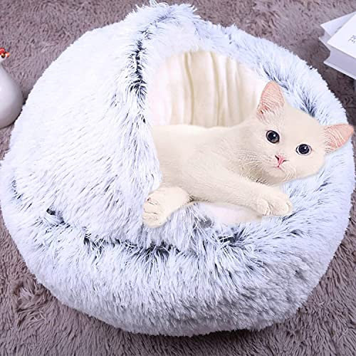 Haustierbett Katzenhöhle Bett, beruhigendes Katzenzelt, weich, warm, flauschig, 2-in-1-Katzenschlafkissen, Katzenbett mit Kapuze, rutschfest, waschbar (50 cm, Grau-B)
