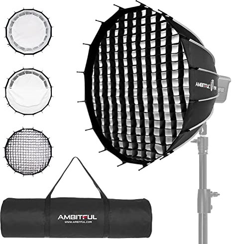 AMBITFUL PS60 23.6 / 60 cm Portable Quickly Fast Installation Deep Parabolic Softbox Bowens Mount with Honeycomb Grid for Tiktok YouTube, Gaming, Zoom, Video Recording
