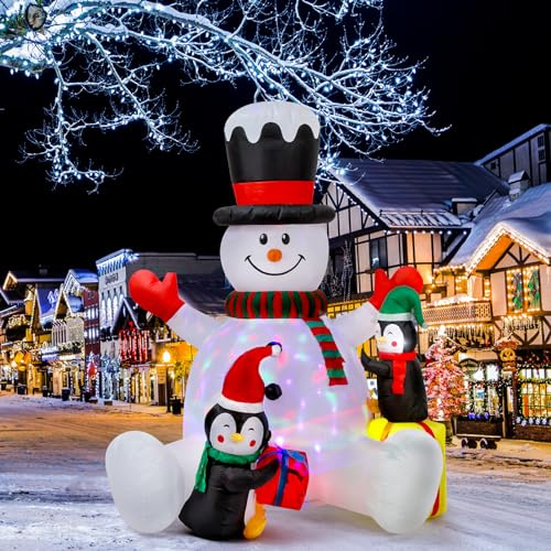 2.3M Aufblasbarer Schneemann Deko mit Pinguin und Geschenkbox, Aufblasbare Weihnachtsdeko Außen Weihnachten aufblasen Hof Dekorationen mit LED-Licht für Xmas Rasen Hof Garten (2.1M inflatable snowman)