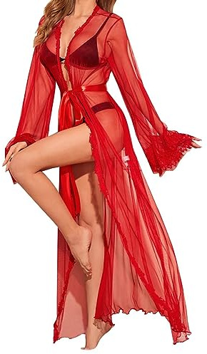 ROSVAJFY Lencería camisa noche kimono transparente de malla, bata mujer sexy encaje vestido, cárdigan traje de baño bikini cubre traje largo playa Chemise Babydoll Albornoz vestido novia, rojo, Talla
