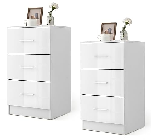 COSTWAY Uppsättning av 2 Nattduksbord Med 3 Lådor, Högglansigt, för Resårsäng, 37 x 34 x 66,5 cm, Vit