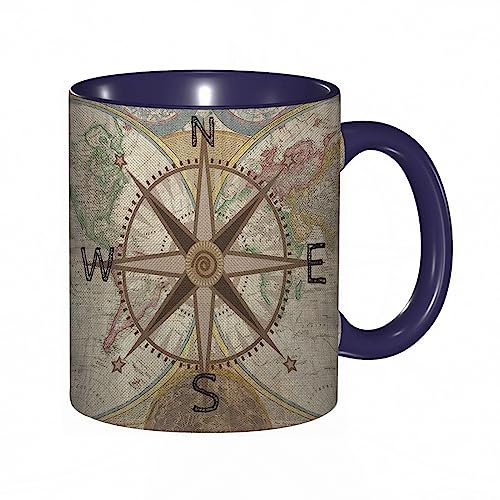 RFSHOP Taza de café con brújula, mapa del mundo, historia de la dirección de la tierra, patrón de geografía del siglo antiguo, taza de té de cerámica de 11 onzas con asa para el hogar, oficina,