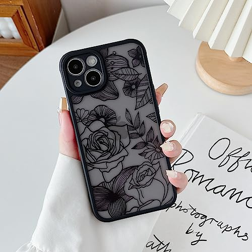 XIZYO Niedlich Rose Blume Hülle für iPhone 15, Schwarz | Ästhetisch Rose Floral Muster, Luxus Vintage Mädchen Stil, Schlanke Dünne, Matt Transluzent Gestaltung, Stoßfest Anti-Gelb