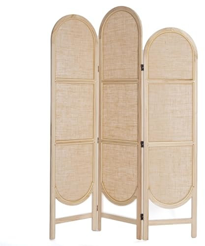 CREEDWOOD RAUMTEILER Arco | Leinen/Holz, 3-teilig,170x120 cm | klappbarer Paravent, Natur Stellwand, Trennwand, Raumtrenner, Faltwand, Sichtschutz, braun Ankleidewand