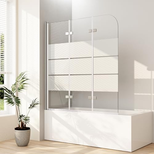 Duschwand für Badewanne 140x140 cm 3 teilig faltbar 6mm ESG Sicherheitsglas (ESG) Faltwand Milchglas Gestreift Badewannenaufsatz Badewannenfaltwand Duschabtrennung für Badewanne