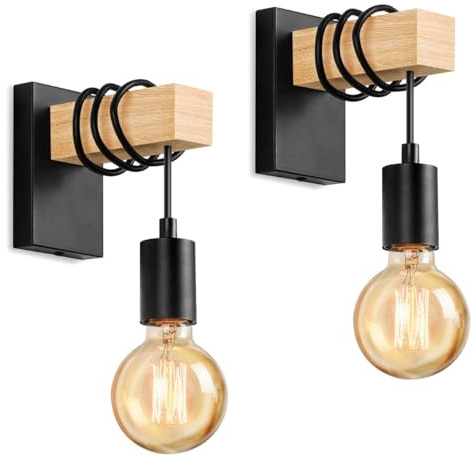 Lightess 2 Pack Wooden Wall Light Vintage Industrial Wall Sconce Light Indoor Rustic Wall Light E27 Bulb Base Wall Lighting Fixture for Living Room Stair Hallway Gate Restaurant Wall Lamp -Black