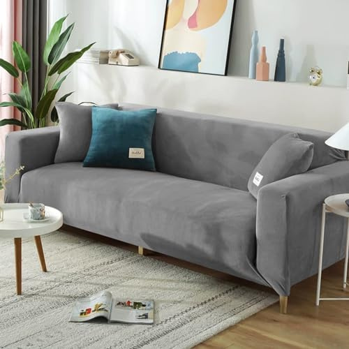 FANSU Sofabezug Stretch 1/2/3/4 Sitzer, Türkis Plüsch Elastische Antirutsch Couchbezug Waschbar Universal Weich Sofaüberwurf für Sofaüberwurf Möbelschutz (3-Seater,Grau)
