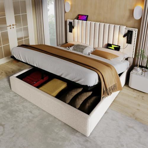Lit rembourré 140x200cm, lit double avec espace de rangement, cadre de lit avec liseuse et fonction de chargement USB, tête de lit avec design riveté, lit pour adultes (matelas non inclus) Beige