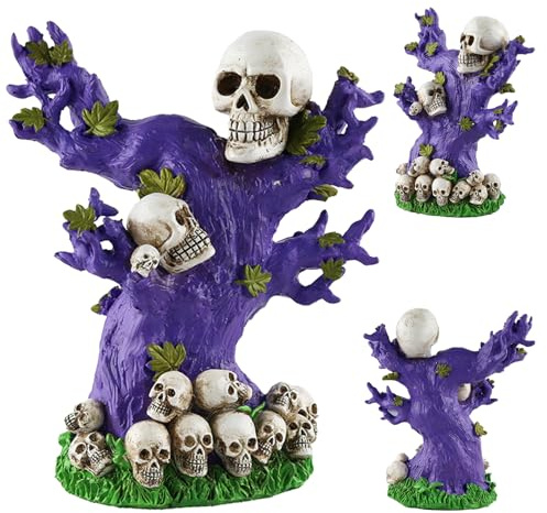 JWTRSVTY Halloween Dekoration Totenkopf, Lila Baum mit Skelett Ornament Harz, Schädel Halloween Deko, für Innen Außen