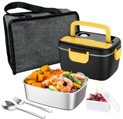 Boîte à lunch Chauffante 80W, Acier Inoxydable Détachable 1,5L Gamelle Chauffante 12V/24V/220V, Boite Repas Pour Voiture/Camion/Bureau, Sacs Isolants (Noir et jaune)