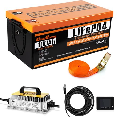 Cloudenergy 48V (51.2V) 100Ah LiFePO4 Batería de litio para carritos de golf,200A Bluetooth BMS, con cargador,monitor táctil,6000+ ciclos,perfecta para carritos de golf y motores trolling.
