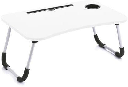 Acomoda Textil – Mesa Laptop Plegable de Madera para Ordenador Portátil en Sofá o Cama. Bandeja Auxiliar Multiusos para Desayuno, Leer o Trabajar 40x60x27 cm. (Blanco)