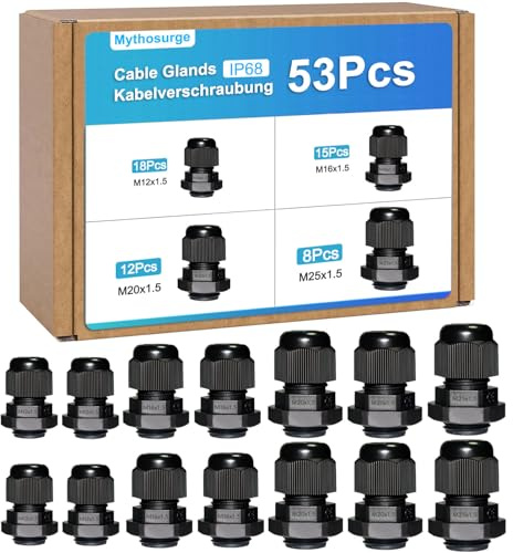 53 stycken kabelskruvar M12 M16 M20 M25, IP68 vattentät kabelgenomföring, kabelskruvar för utomhus trädgård kopplingsbox, kopplingsdosa, plast nylon kabelgenomföring svart