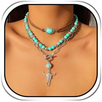Handcess Collier ras du cou bohème turquoise avec pendentif en forme de taureau en argent - Collier superposé pour femme