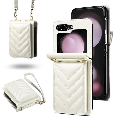 YDIJCYAN Fodral för Samsung Galaxy Z Flip 6 plånboksfodral plånboksfodral i PU-läder med avtagbar och justerbar rem och RFID-stöldskydd,folioskydd för Samsung Z Flip 6 fodral,vit