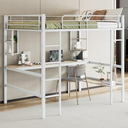 Cama Alta con Escritorio 4 estantes pequeños y 1 librería Grande Cama de Metal con Estructura de Cama para Adolescentes y Adultos Cama Individual sin colchón Cama de Hierro Blanca 140x200 cm