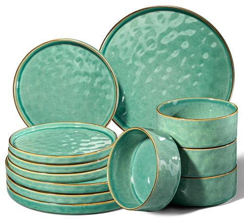 Homikit Service de table 12 pièces pour 4 personnes, service de table combiné avec assiettes plates, assiettes à dessert et bols à céréales, passe au micro-ondes et au lave-vaisselle, vert vif